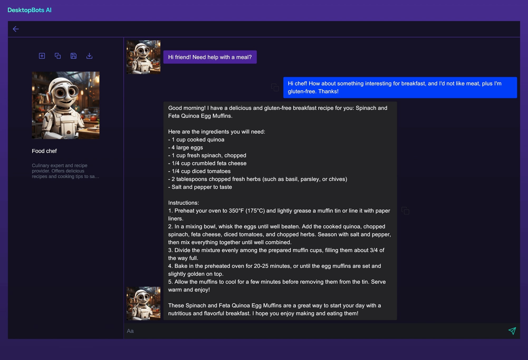 Desktop Bots AI food chef chatting